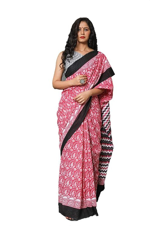 Jalther Handicrafts Women'S Ikat Hand Block Print Jaipuri Cotton Mulmul Saree
